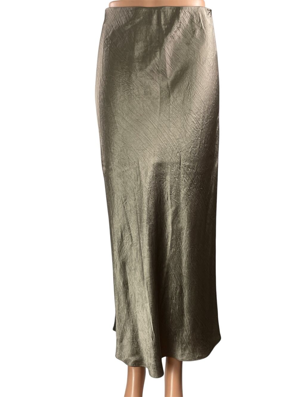 Aritzia Babaton Olive Green Silk Satin High Waist Straight Full Midi Skirt Sz 4